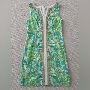 Lilly Pulitzer Janice Blue, Green, and White Shift Dress w/ Gold Embroidery